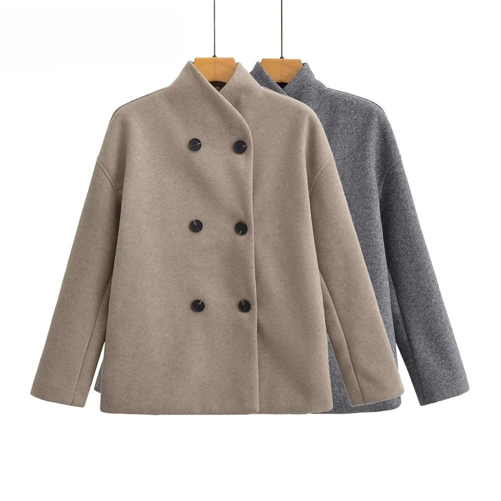Autumn Winter Women Casual Solid Woolen Coat Fashion Office Lady Loose Double Breasted Turtleneck Demi-season Jacket
