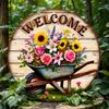 Charming Vintage Wheelbarrow Bright Flowers Welcome Sign Round Aluminum Wall Art for Home Bar Cafe Beach House Decor