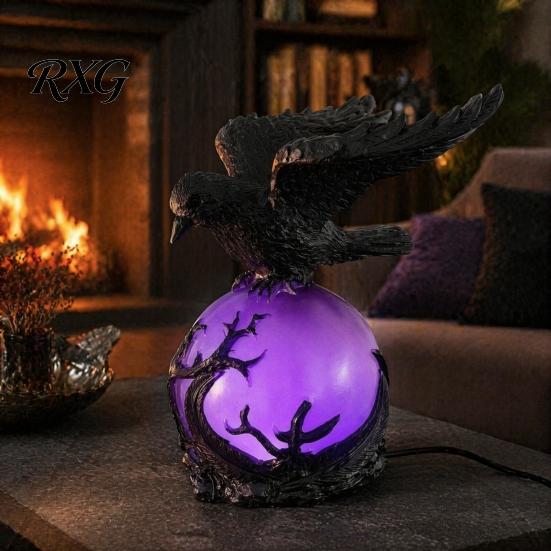 Raven Lamp Resin Gothic LED Ball Lamp, Mysterious Crow On Orb Sculpture, Creative Statue Halloween Decorative Table for Bedside Bedroom Living