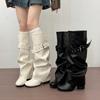 Pants boots women's new versatile round head belt buckle high knight boots niche retro but knee boots