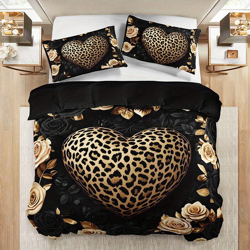 Leopard Print Heart Rose Bedding Set Home Dormitory High-Definition Luxury Vintage Romantic Style Bedding Set Bedroom Decor