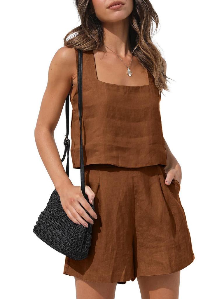 2026 Amazon New European & American Women's 2-Piece Casual Set Linen Shorts Sleeveless Top Vest
