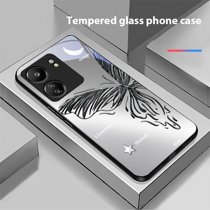 Metallic Butterfly For Xiaomi Redmi 13C Note13 12 Pro Plus 5G Note 9 13T Pro POCO X6 F5 F6 Black Tempered Glass Phone Case