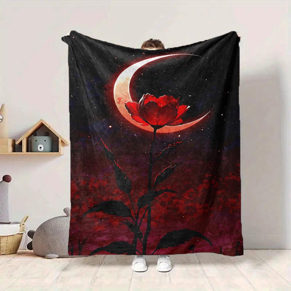 1pc Moon Rose Blanket, Lightweight Flannel Throw Blanket for Sofa, Bed, Travel, Camping, Living Room, Office, Couch, Chair, and Bed