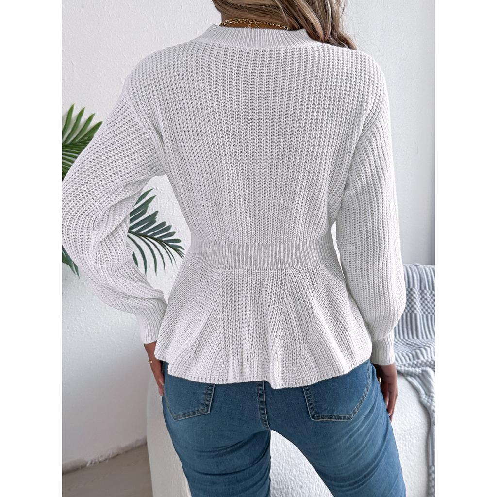 QICED Autumn and Winter Solid-color Braided Waist-cinched Ruffled Long-sleeved Pullover Sweater for Women