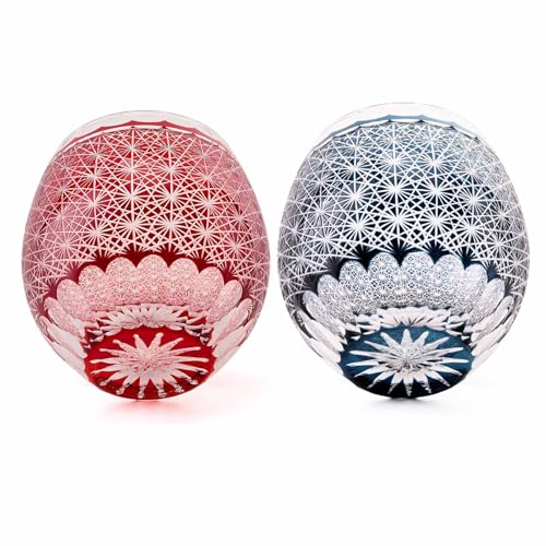 LUGUFON Kiriko Glasses, Pair of Rocks Glasses with a Cute Chrysanthemum Pattern, Dishwasher Safe, Packed In a Paulownia Wood Box, Perfect for Cold Sak