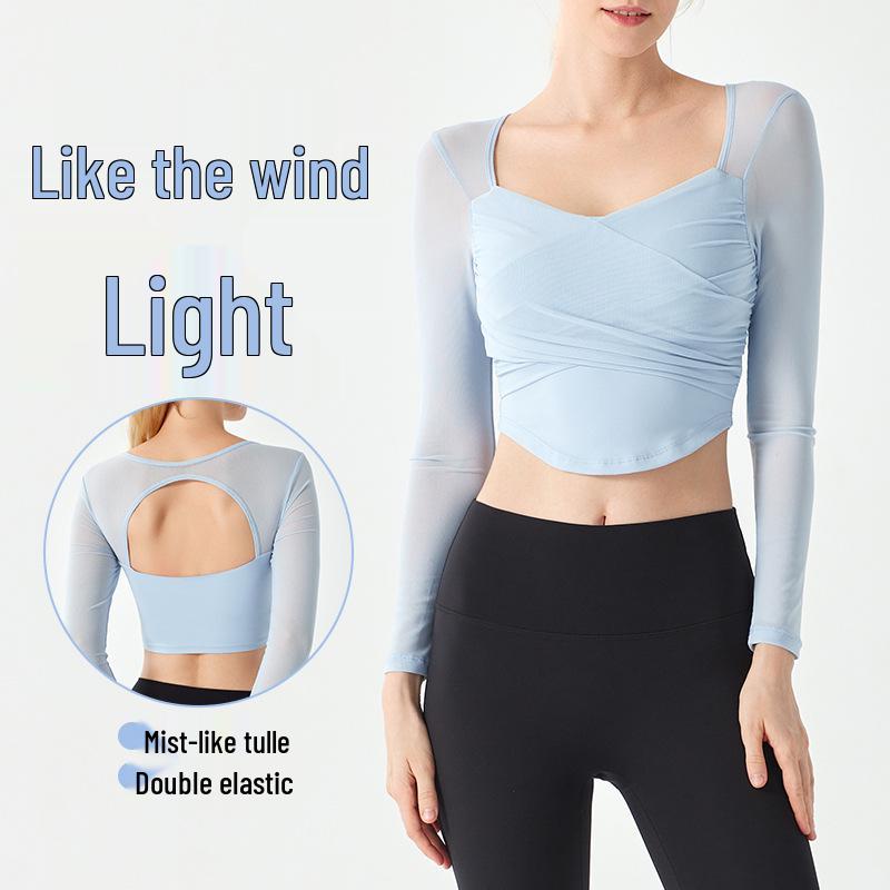 

Women s Cross Pleated Long Sleeve Yoga Top with Fixed Cups and Breathable Mesh Medium