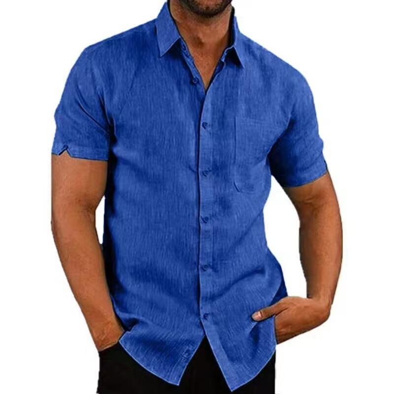 Summer lapel button-down men's solid color short-sleeved linen shirt