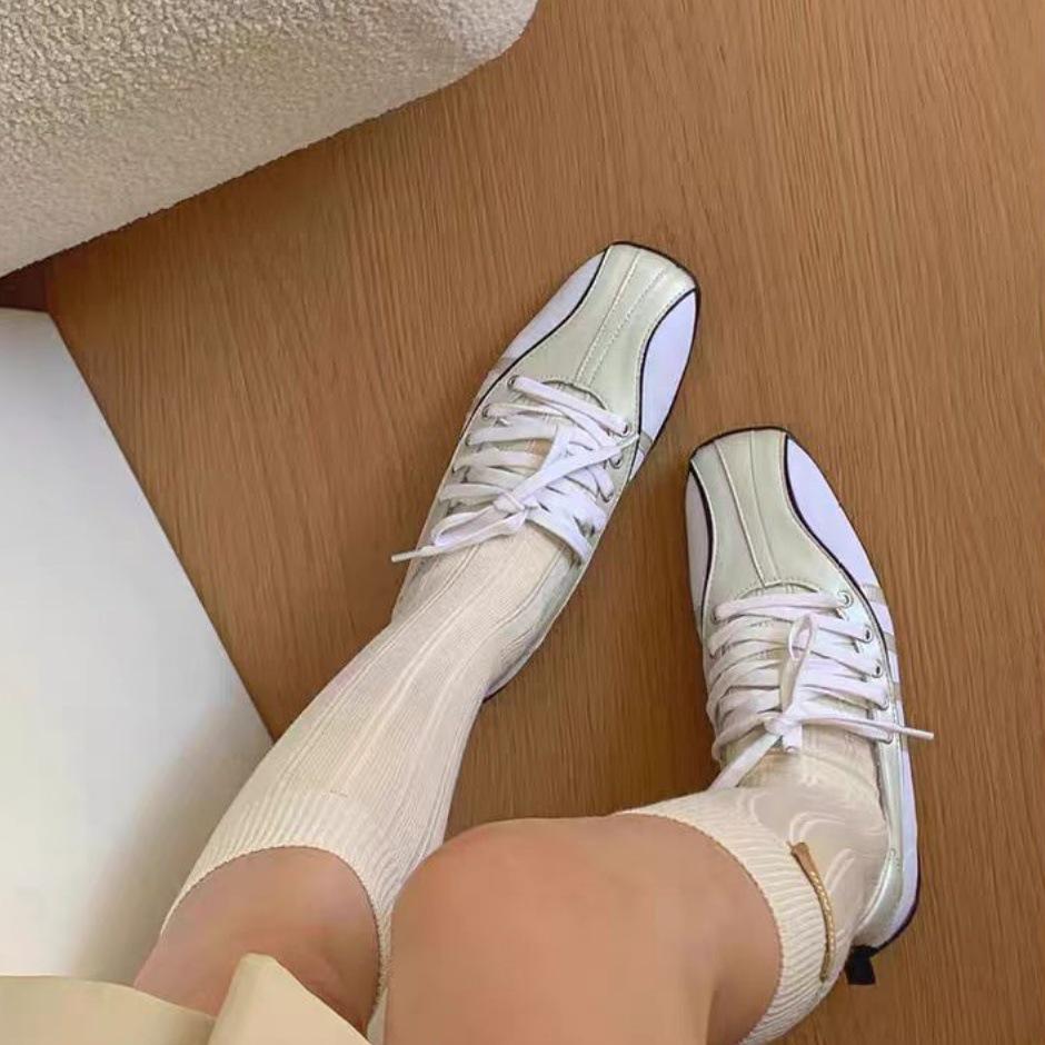 2025 Autumn Lace-Up Ballet Flats: Soft Sole White Mary Jane Sneakers