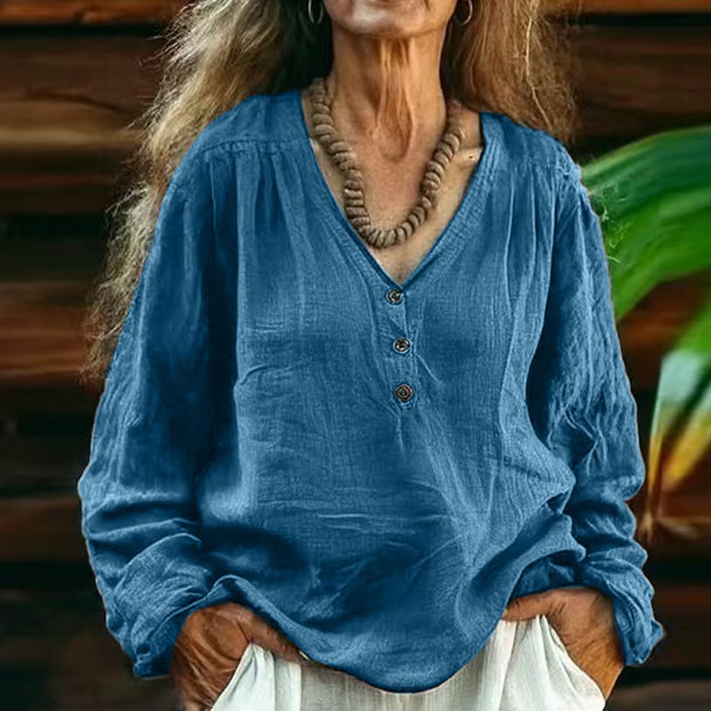 Damen Farbe Lässig V-Ausschnitt Langarm Pullover Baumwolle Leinen Oberteil