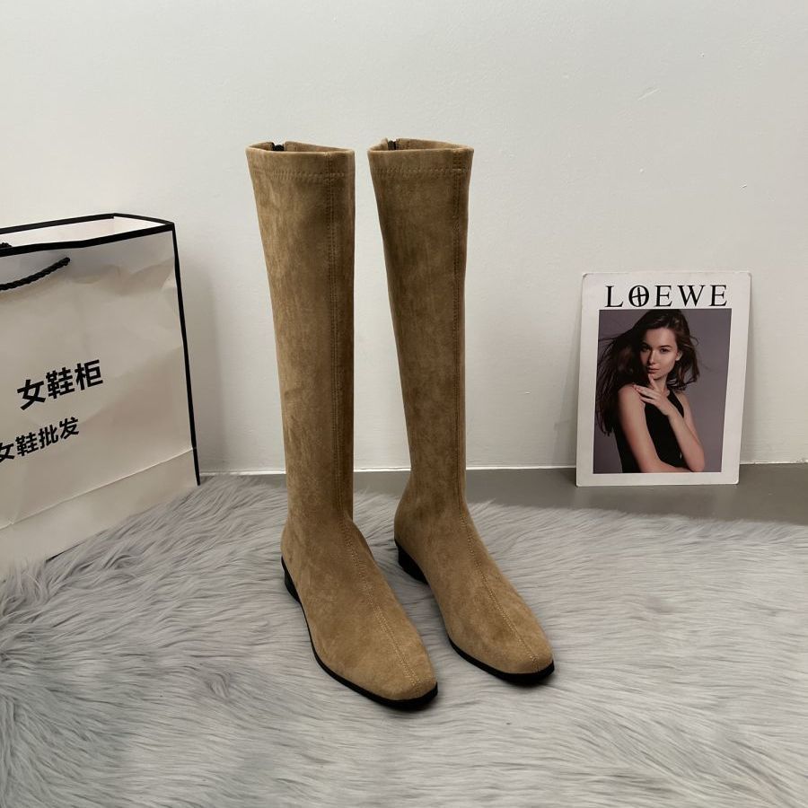 Coarse Heel Suede Elastic Boots But Knee Boots Women's Shoes Autumn and Winter 2025 New Rear Zipper Tall Thin Boots
