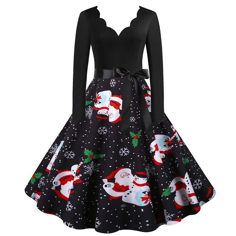 

Christmas Dress Women Ladies Santa Printed Xmas Fancy Party Swing Skater Dresses Black Hug,L