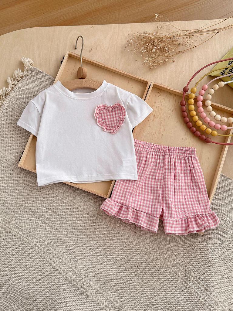 Girls' Plaid Heart Embroidered Short-Sleeve Two-Piece Set