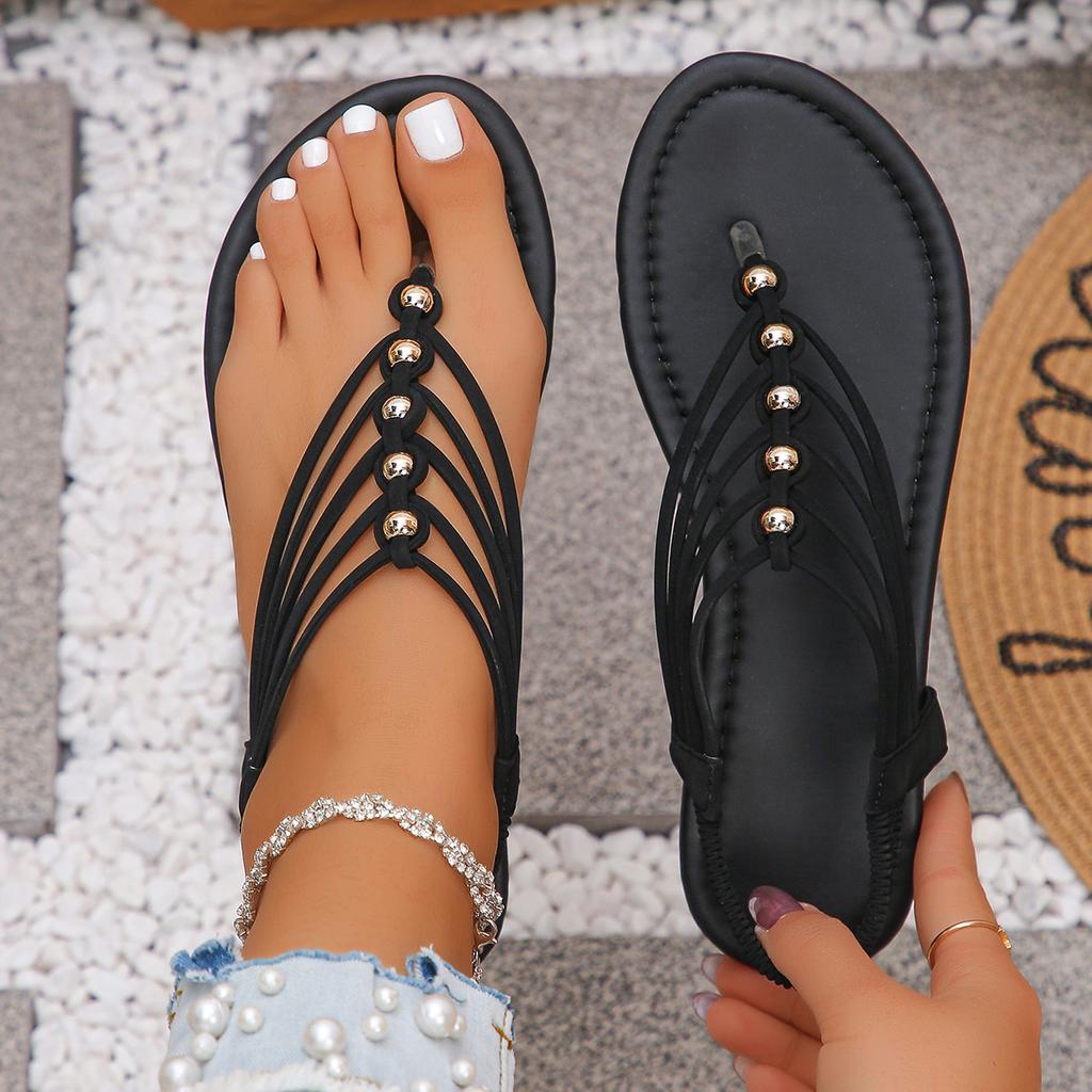 Women's Toe-Through Strap Solid Color Bohemian Fashion Vacation PU Cover Beaded Cross Strap Flat Sandals for Party Beach Outdoor Summer, Women Shoes