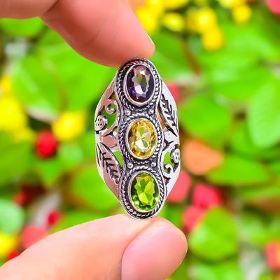 Natural Citrine, Peridot Gemstone 925 Sterling Silver Gift Ring Size 5 B4g66