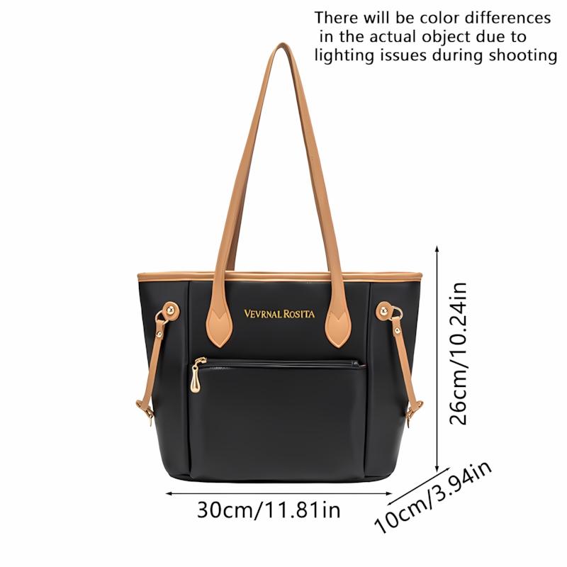 Color Contrast PU Leather Tote Bag, Adjustable Side Strap Large Capacity Shoulder Handbag For Women Office Commute Daily Shopping