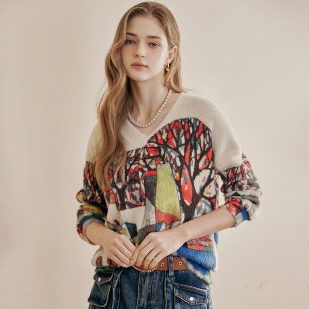 

Maxza Village Illustration Print Hairy V Neck Knit Ze01qk503na beige/FREE
