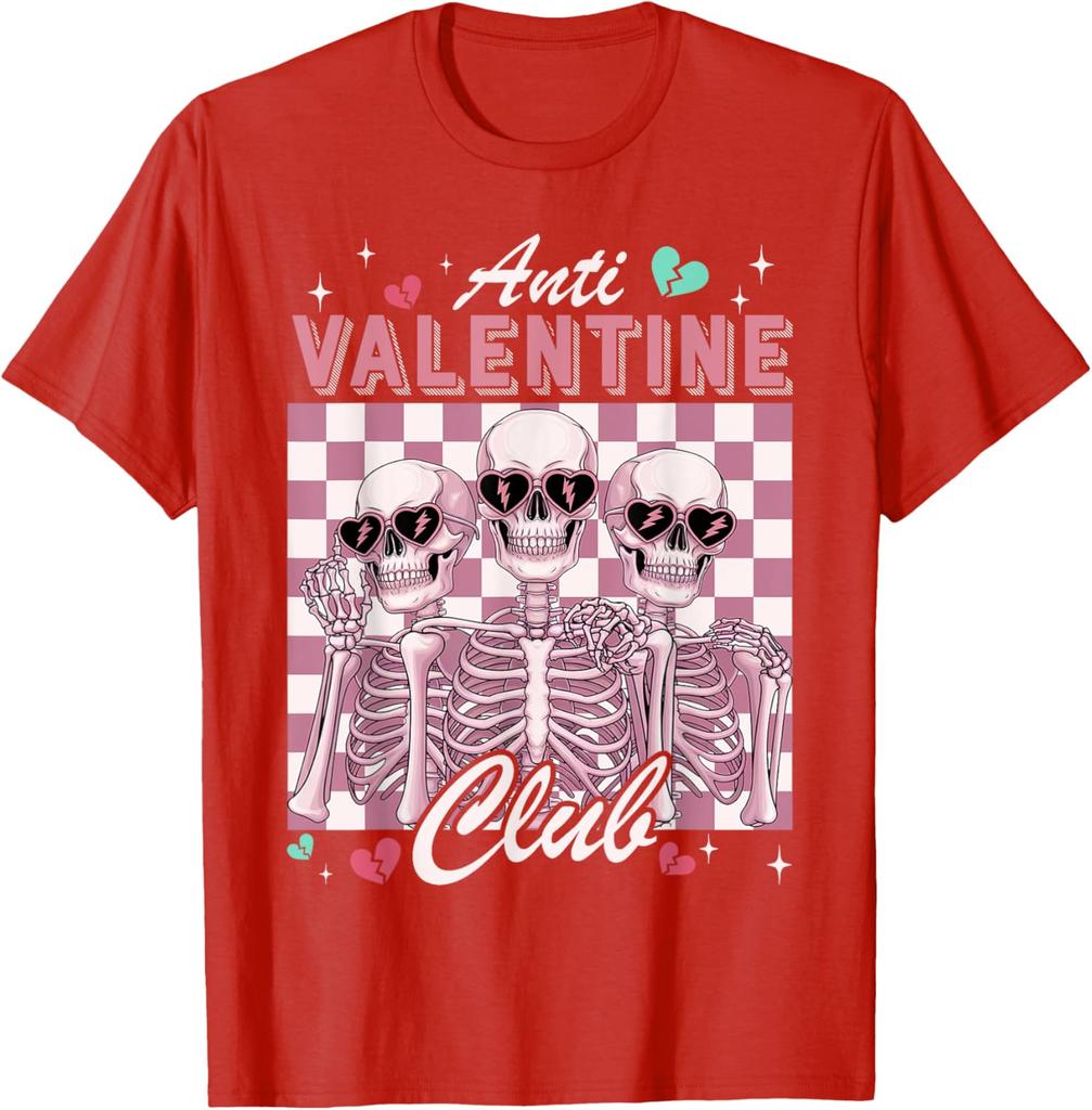 Anti-Valentinstag-Club-Skelett-Grafik-T-Shirt, lustiges Single-Day-Freizeit-Rundhals-T-Shirt für Männer und Frauen