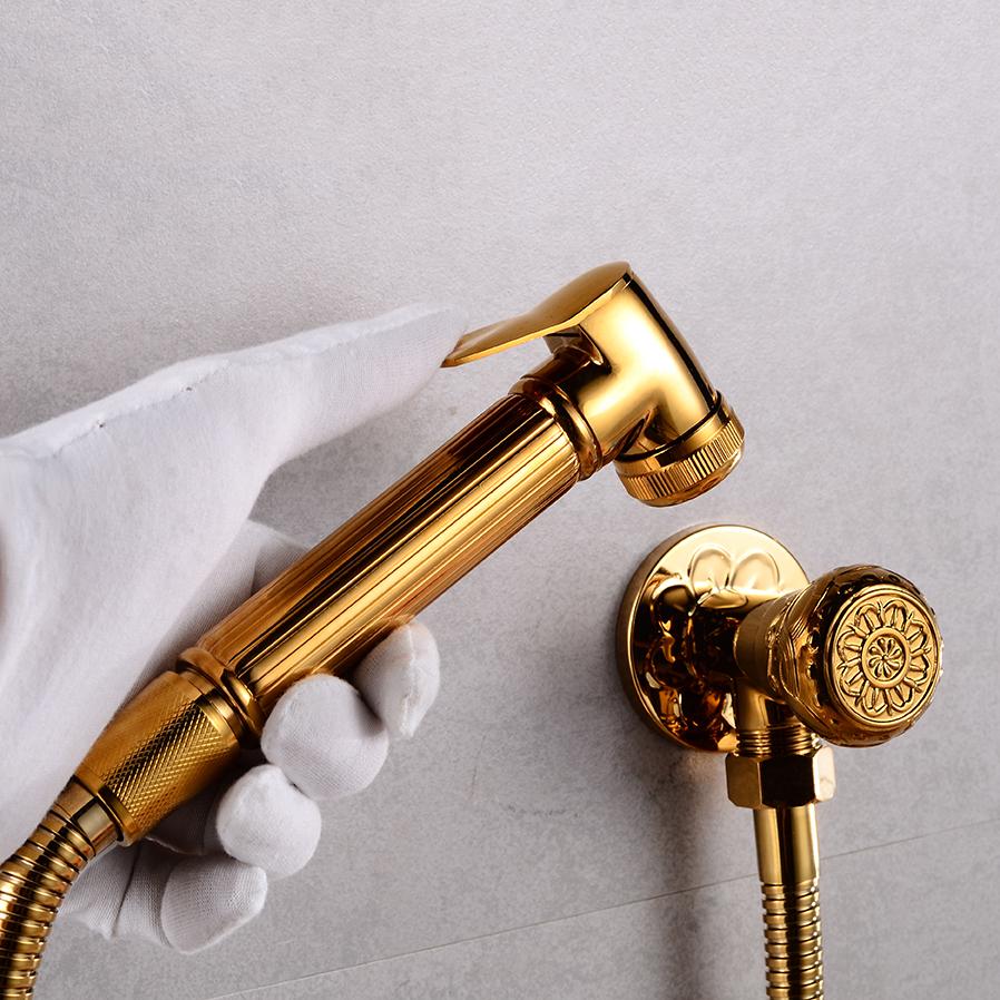 Złoty Kran Bidetowy Ręczny Bidet Sprayer Zestaw Toaletowy Złoty Mosiądz Głowica Prysznicowa Shattaf Zestaw Kranów Bidetowych Jet
