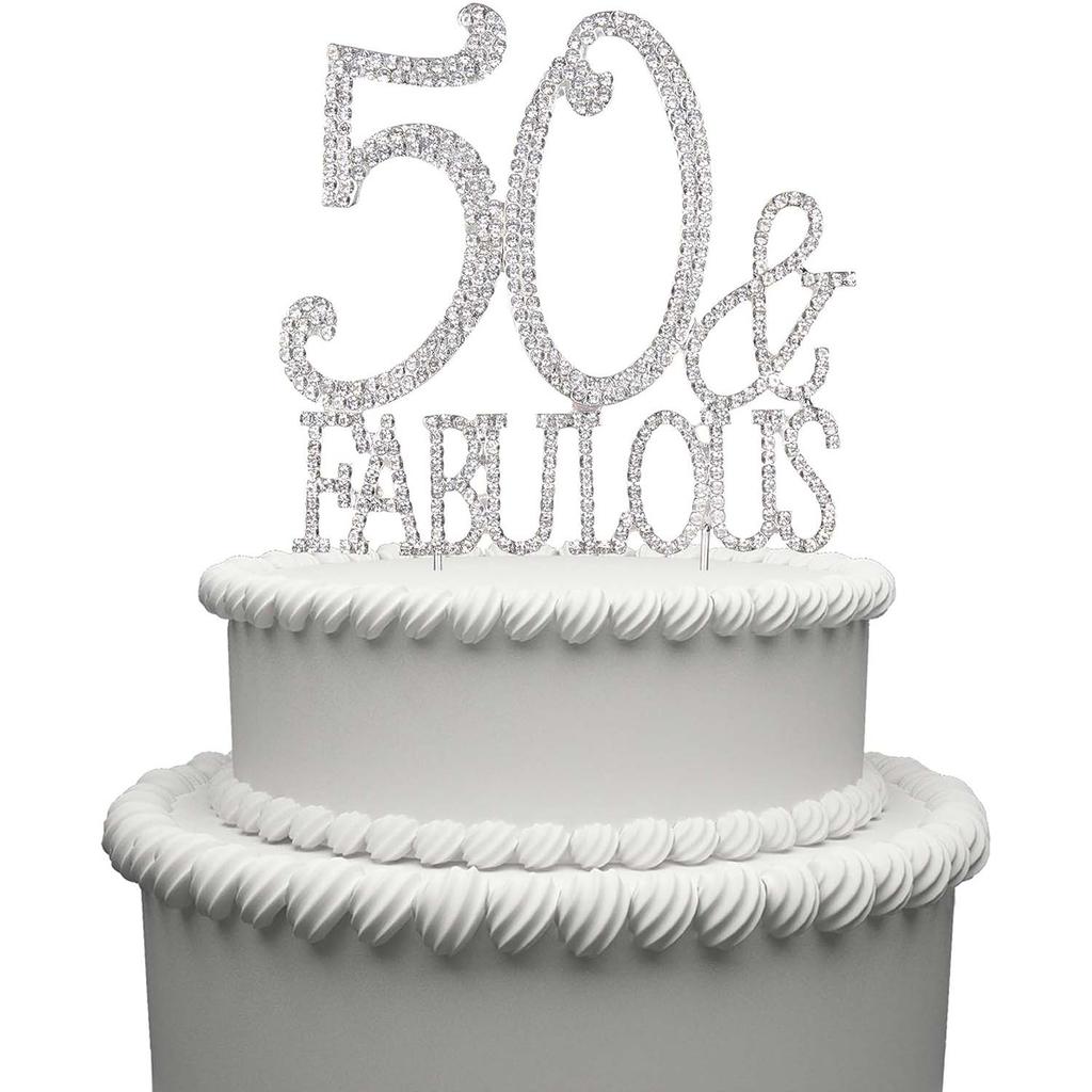 50 Cake Topper Premium Silver Metal 50 and Fabulous  50th Birthday Party Sparkly Rhinestone Decoration Makes a Great Centerpiece