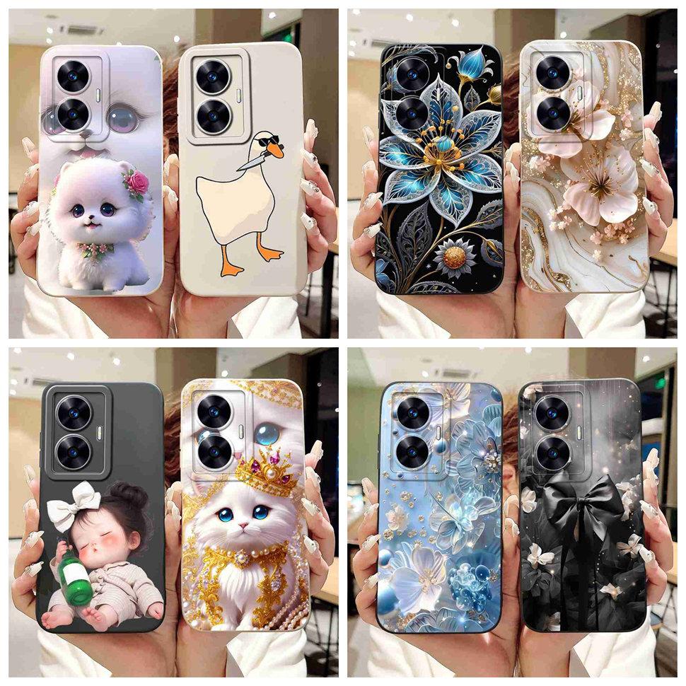 For Oppo Realme C55 RMX3710 Case Cute Cat Luxury Flower Bow Silicone Soft Matte Cover For Realme c55 C 55 Shockproof Phone Case