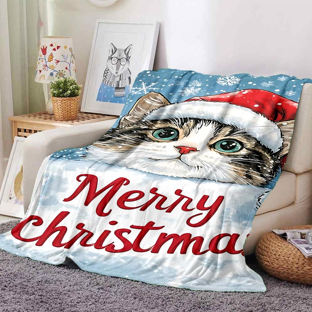 Christmas Cat Card Blanket Soft Throw Blanket For Home Bedroom Bed Sofa Travel Office Solid Christmas Blanket