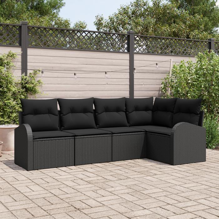 Ensemble de 5 Pièces de Canapé de Jardin avec Coussins Noir Poly Rattan, Canapé de Jardin 2 Places avec Rangement &amp; Coussins 3354712