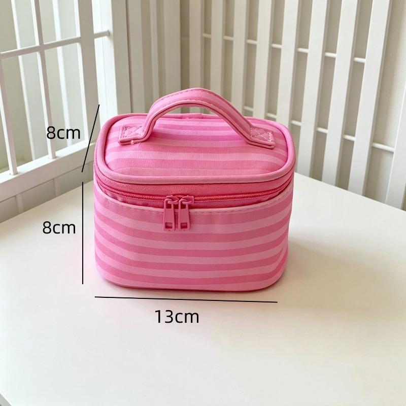 Pink Striped Large Capacity Portable Travel Makeup Bag with Mirror Hand Held Toiletry Organizer Pouch for Women Female Gift