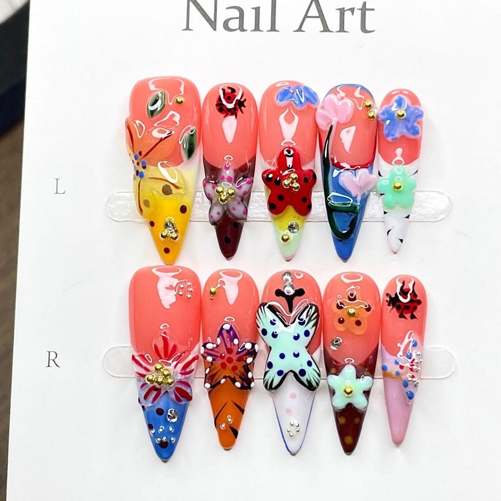 10Pcs Long Stiletto Colorful Flowers Rhinestone Summer Fresh Fake Nails for Spice Girl Sweet Cool Summer Wearable Acrylic Nails