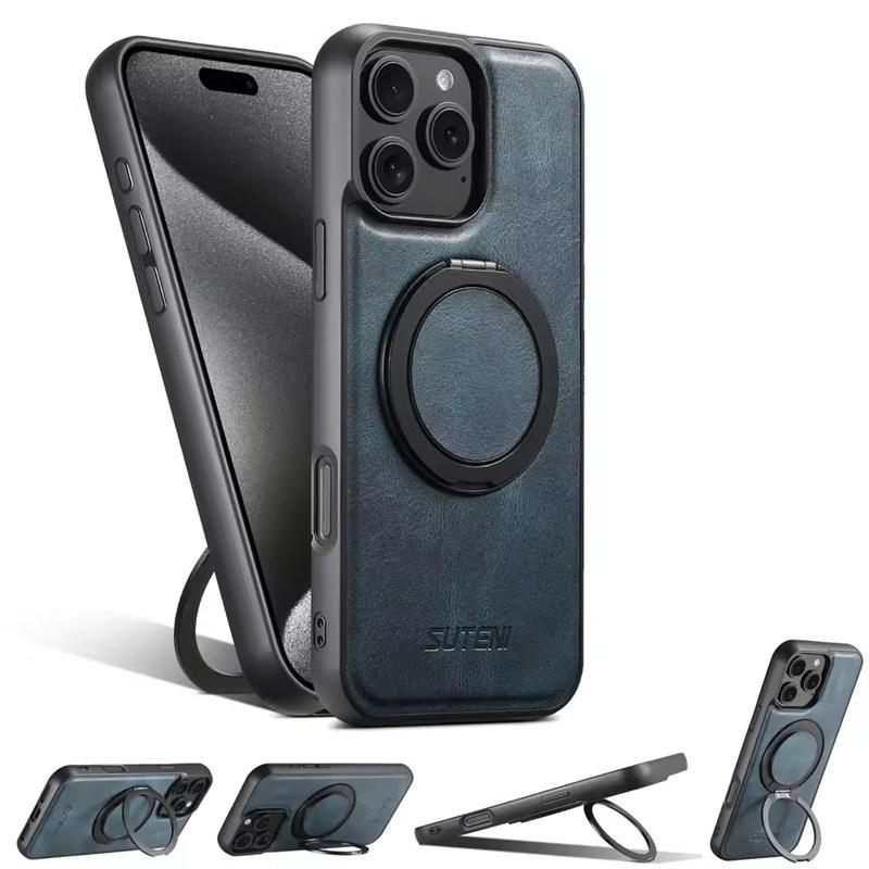 Strong Magnetic Compatible MagSafe Wireless Charging 360° Rotating Ring Stand PU Leather Phone Case For iPhone 16 15 14 13 12 Pro Max Plus
