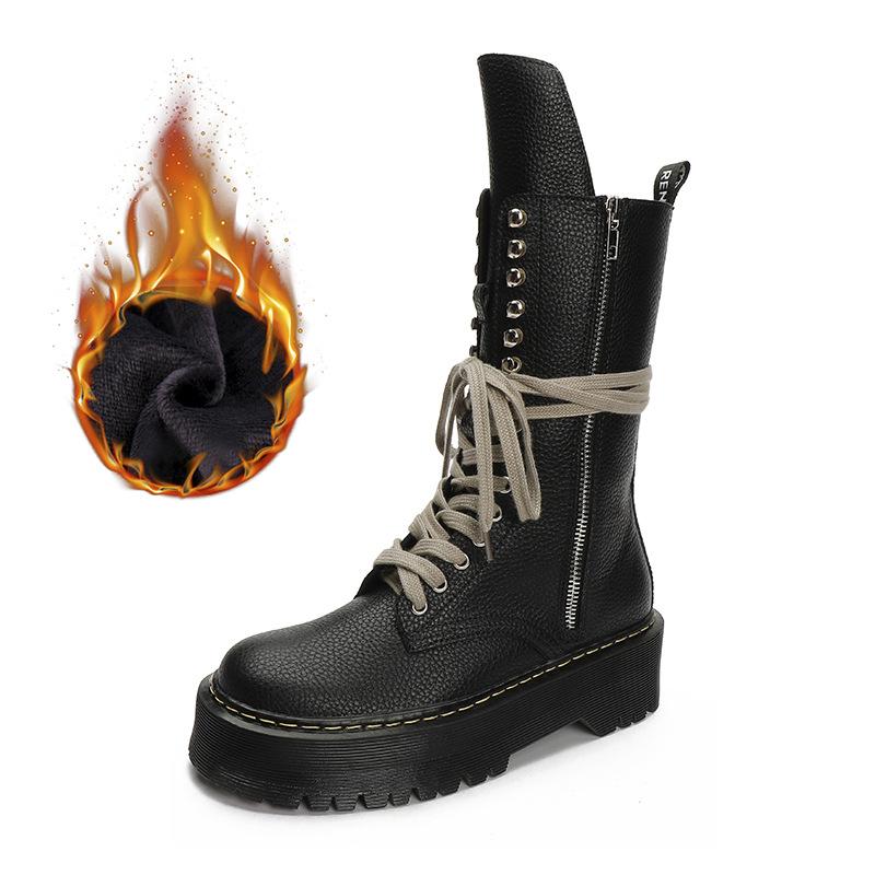 All Cowhide Pu Caiying Same Lychee Pattern Lace-Up Martin Boots Women'S Thick-Soled Medium Tube Handsome Knight Boots Heightening Short Boots