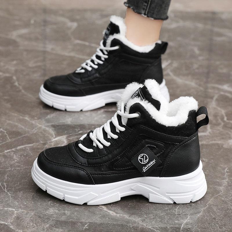 W2577 Winter Women's Color Matching and Velvet Medium-top Cotton Shoes Increase the Height, Casual and Warm Snow Boots Keep Warm Inside