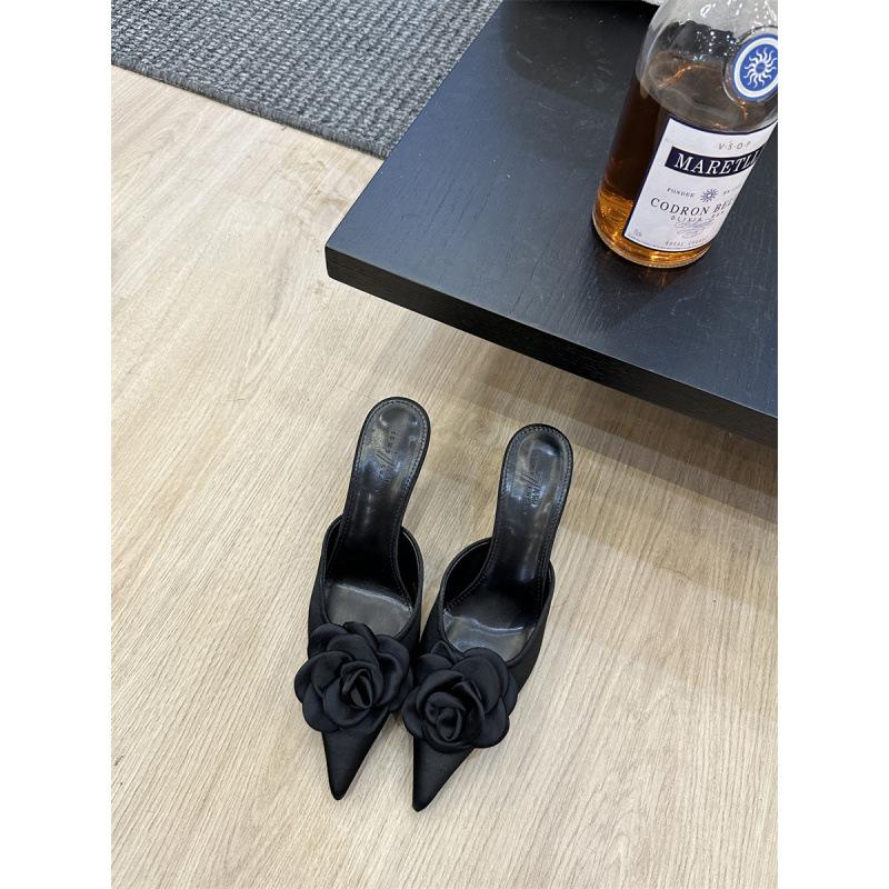 Pointed Beautiful High Heels Women's 2025 New Summer and Summer High-end Rose Satin Thin Heel Bag Head Half Slippers Sandals