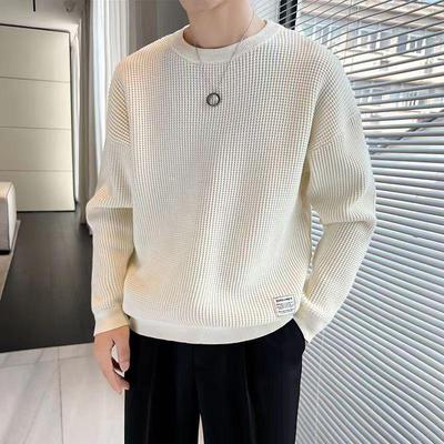 Men's Trendy Loose Waffle Sweatshirt with Plush Lining for Autumn/Winter: Fashionable and Warm Base Layer