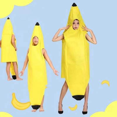 Gelbes Bananenkostüm Kinder Erwachsene Ärmelloser Jumpsuit Bananen-Outfit Weihnachten Halloween Cosplay Ausgefallenes Party-Verkleiden Fruchtkleidung