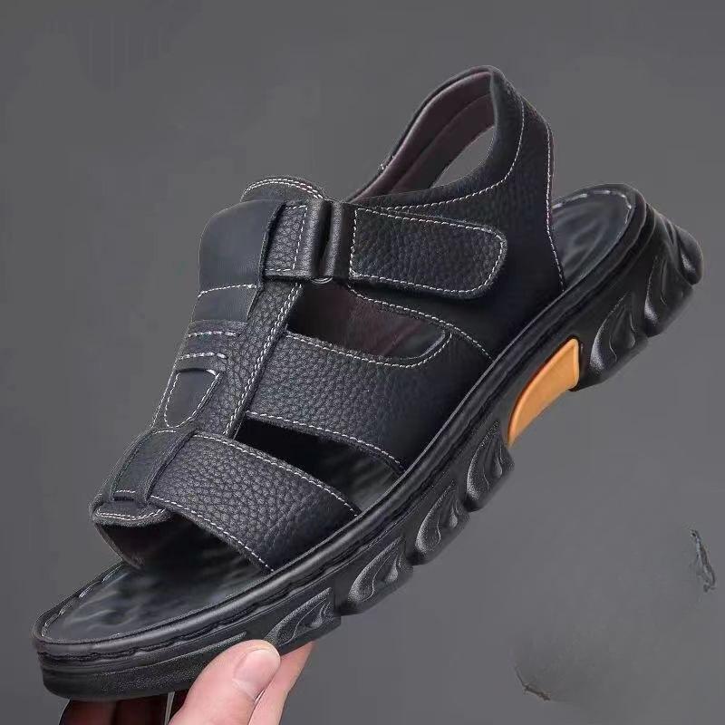 

Модные сандалии Мужские новые пляжные туфли Кожаные шлепанцы Уличные Нескользящие На толстой подошве Кожаные сандалии для меня 48 чёрный