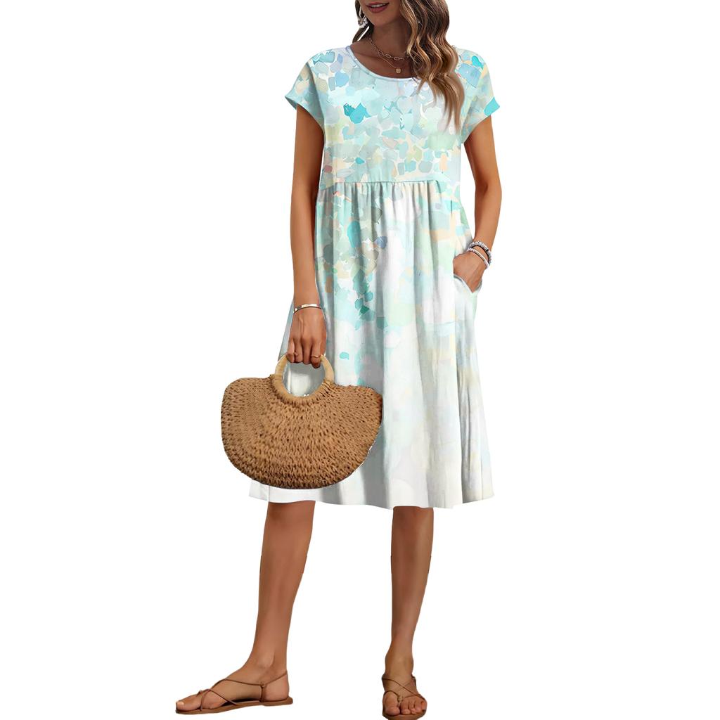 Women's Summer Fashion Casual Round Neck Short Sleeve Vintage Print Dress