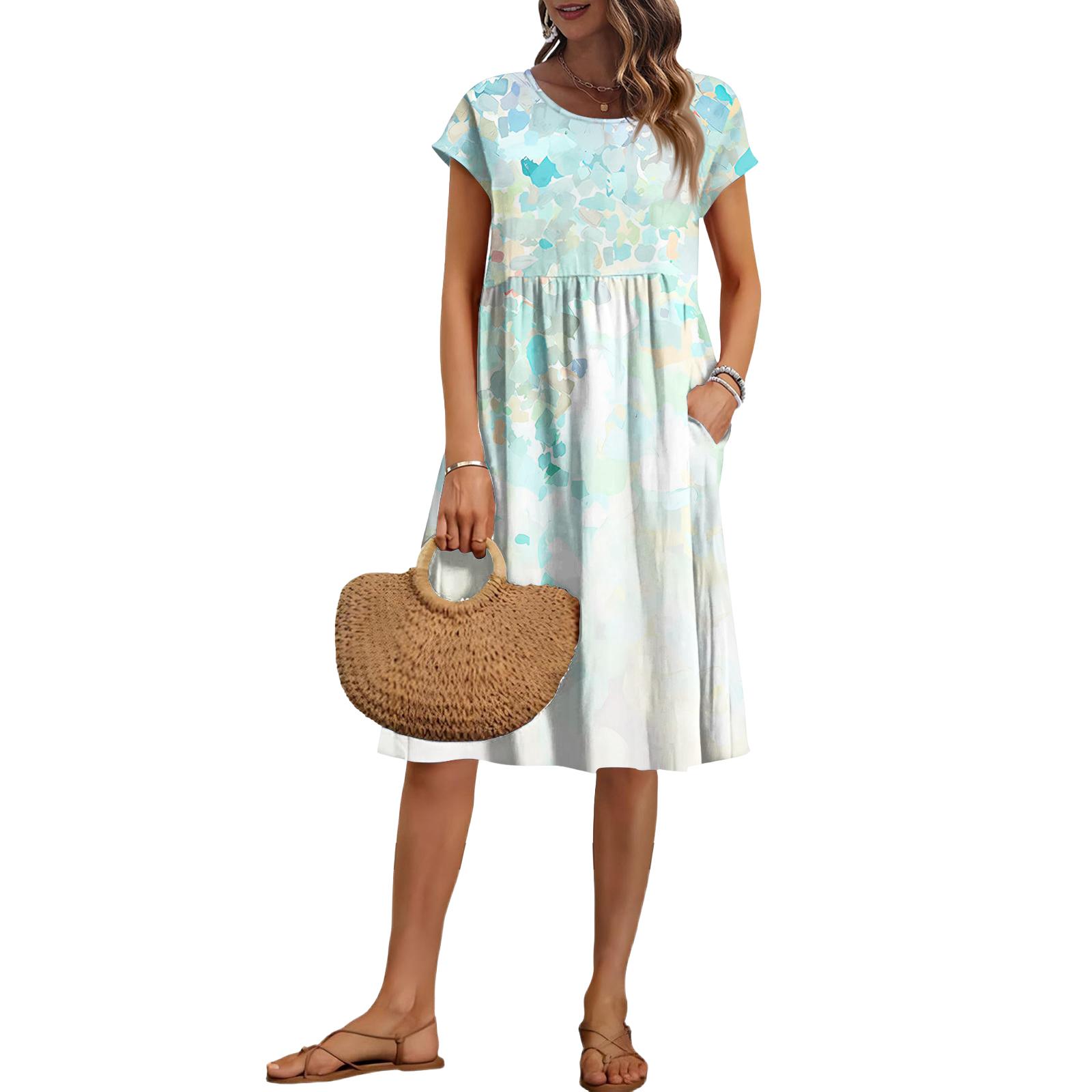 

Женское летнее модное повседневное платье с круглым вырезом, коротким рукавом и винтажным принтом S циан