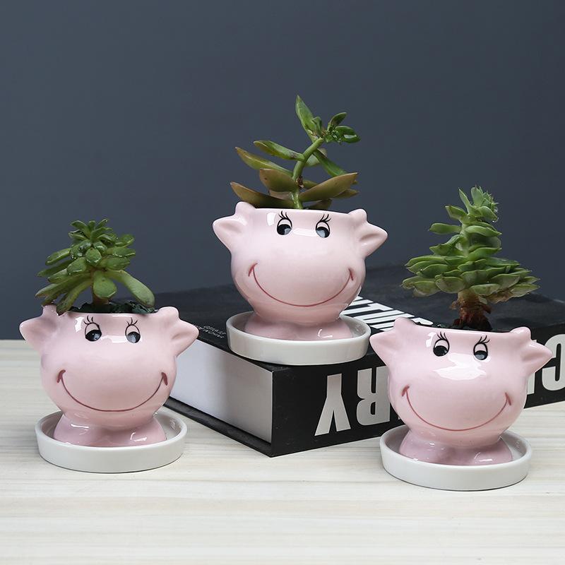Creative Animal Cow Succulent Flower Pot Desktop Cartoon White Ceramic Flower Pot With Tray