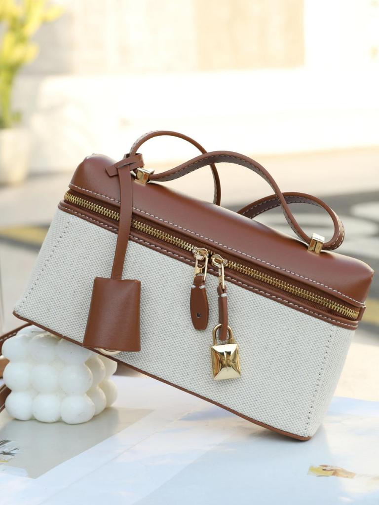 2025 Women's Genuine Leather and Canvas Handbag - Fashionable and Simple Lunch Box Bag