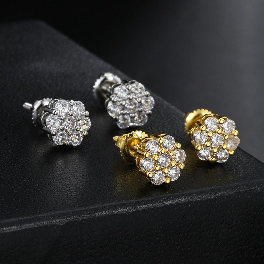 Ribbed Copper Zircon Flower Stud Earrings with Full Diamonds - High-End Hip Hop Style for Women