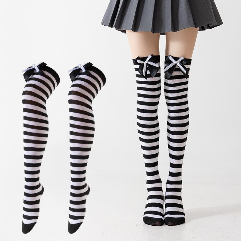 1 Pair Double Bow Decor Striped Over Knee High Socks Soft Skin-friendly for Girls Cosplay Halloween Costume Wear