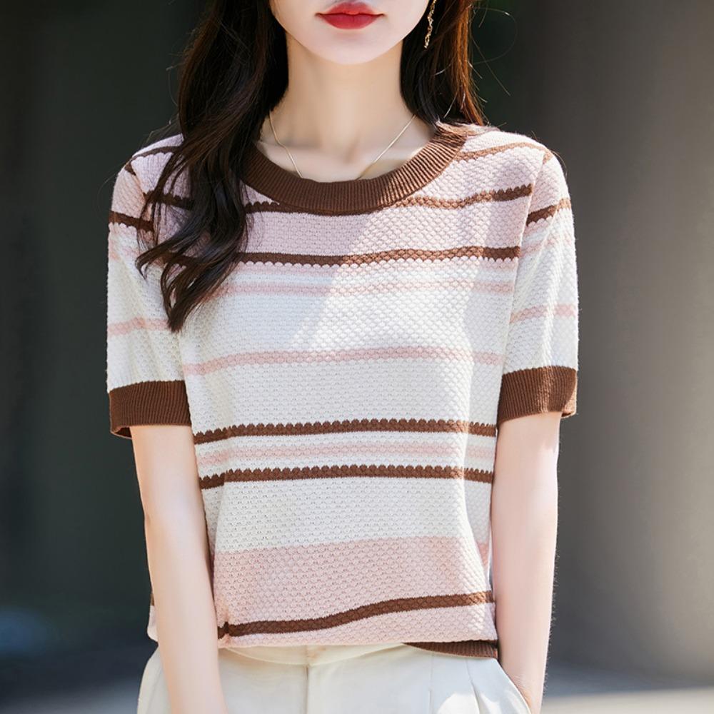 Women's T-shirt Summer New Short-sleeved Striped Knitted Fashion Round Neck Women's Blouse Loose Soft Pullover