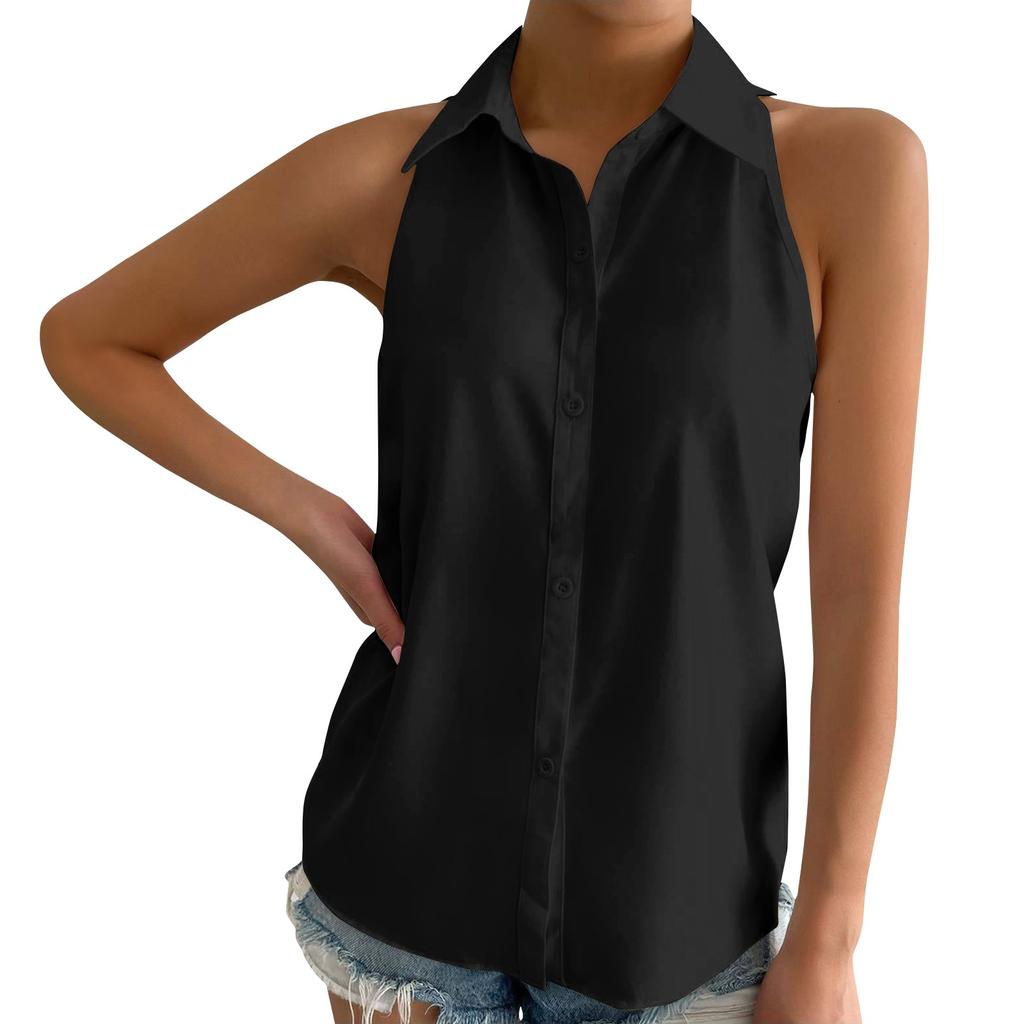 Women's Button Up Shirt Sleeveless Basic Casual Solid Color Summer Shirt Top