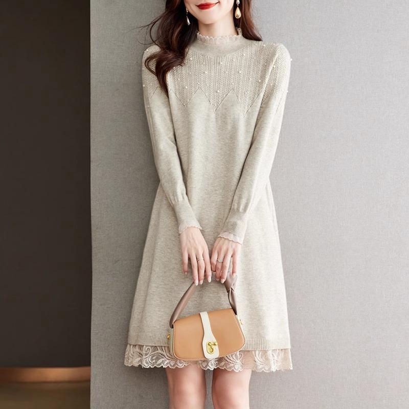 Lace Half Turtleneck Sweater Solid Color Loose Pullover for Women Casual Long-sleeved Knitted Dress for Autumn and Winter