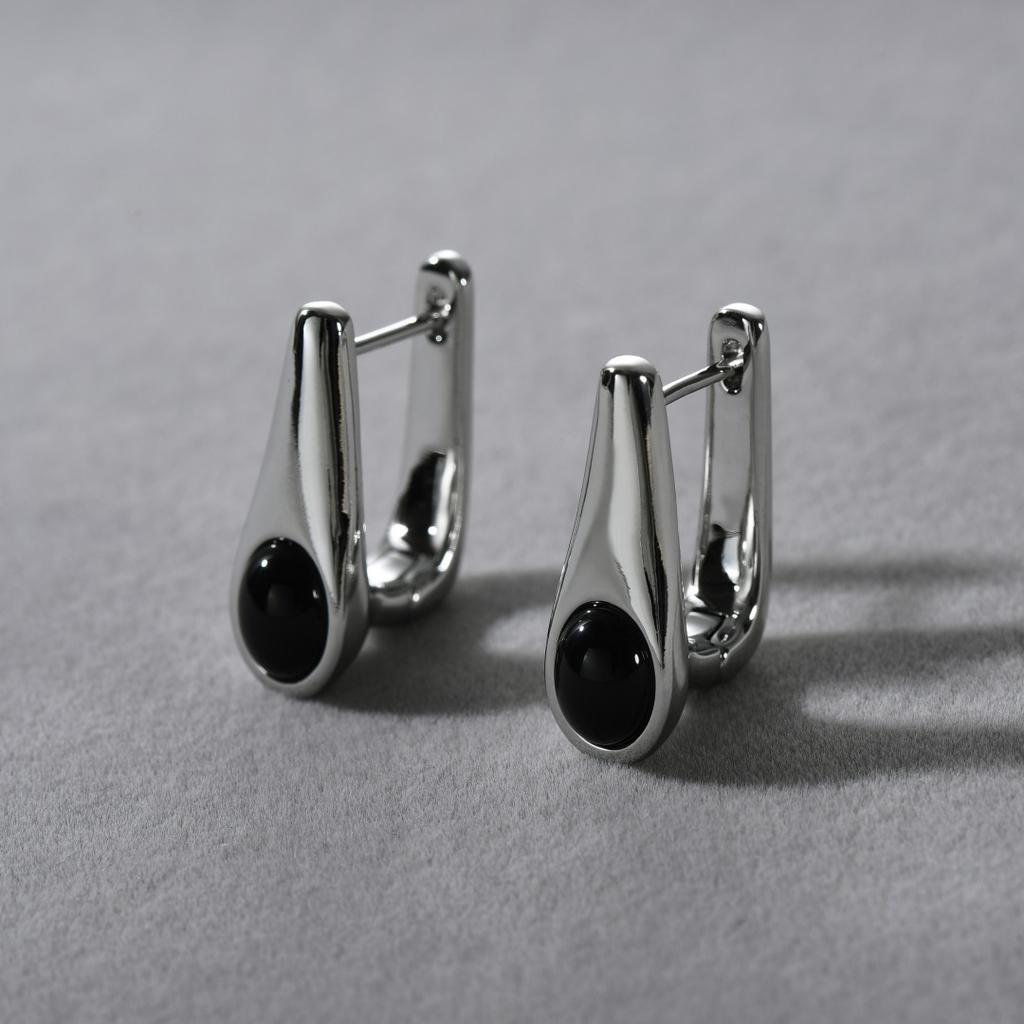 Orecchini Stile Fibbia a Orecchio Goccia d'Acqua Placcati Rame Platino Intarsiati Agata Nera Design di Nicchia Orecchini Semplici