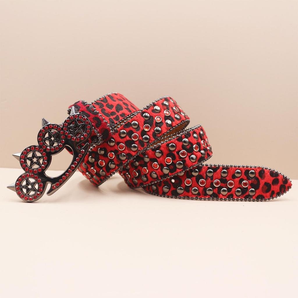 Leopard Print Rhinestone Knuckle Duster Punk Belt - Y2K European & American Style Women's Decorative Accessory