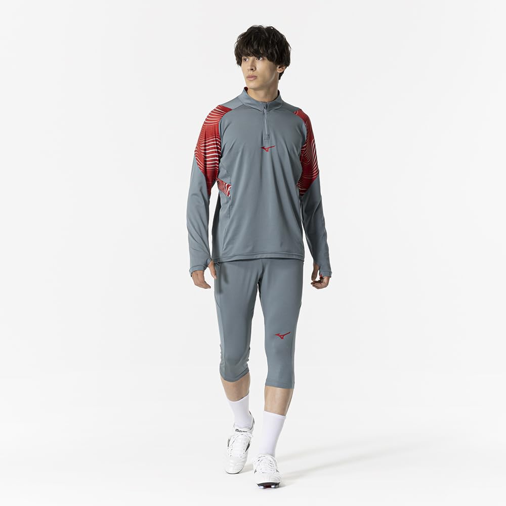 Mizuno Soccer Training Long Slim Lead Gray Top, Half-Zip Shirt, Sleeve, Fit, Unisex, P2MCB036,