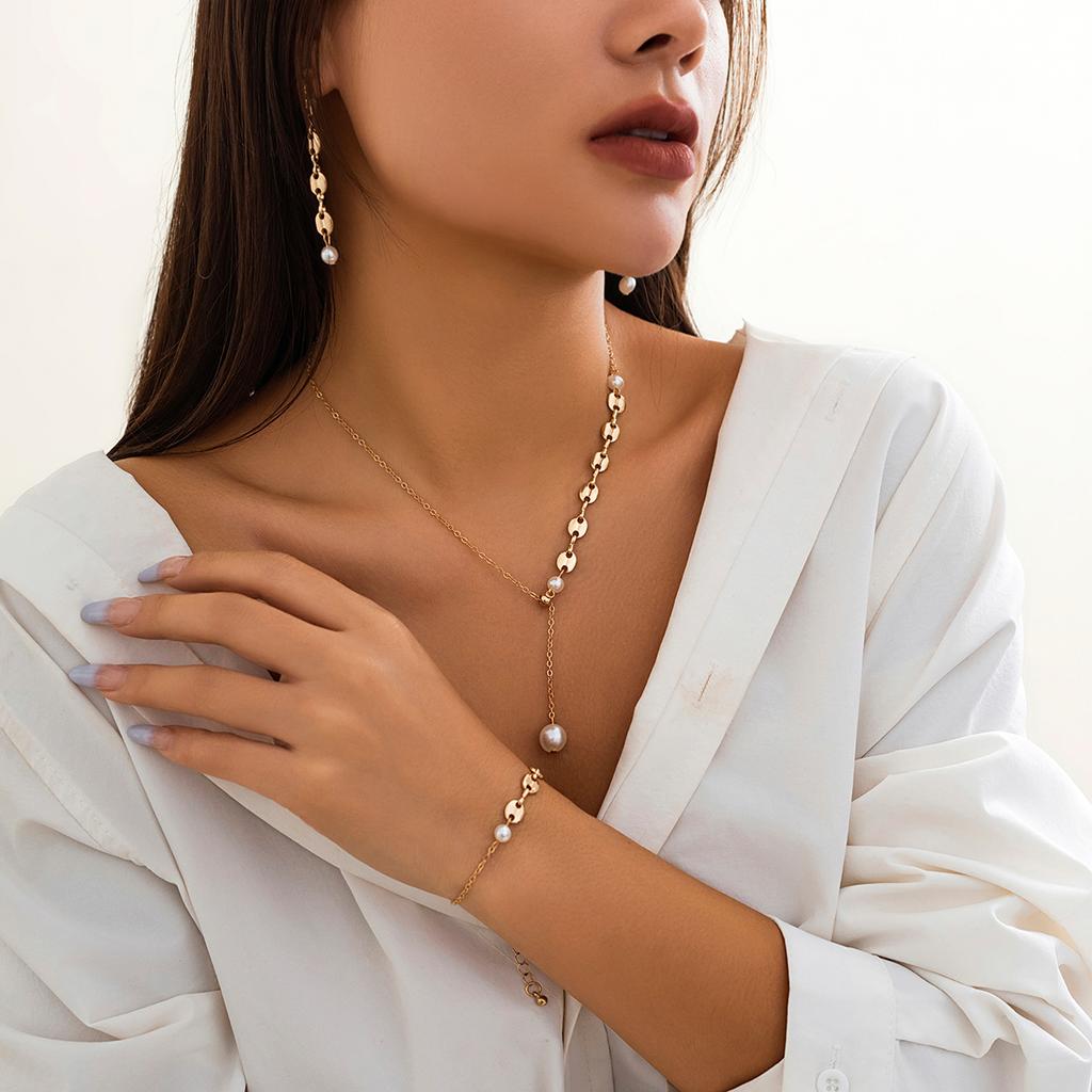 Asymmetrical Chains with Imitation Pearl Pendants Necklace for Women Trendy Necklace/Bracelet/Earrings Jewelry Sets 2026 Fashion