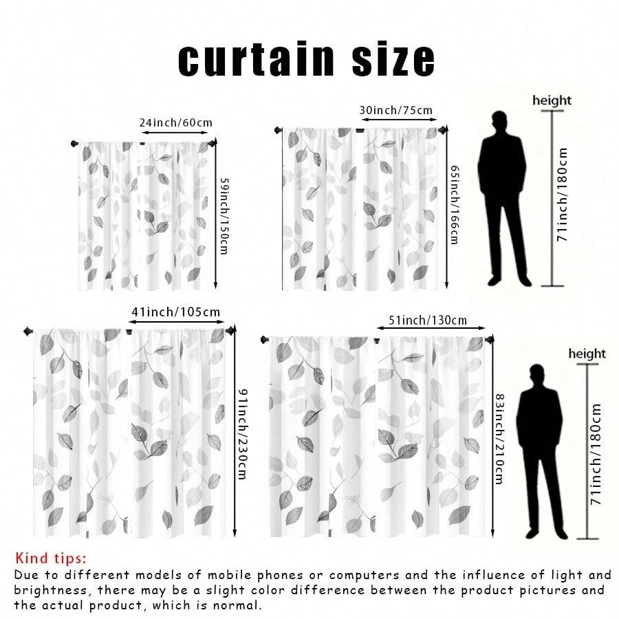 2 Elegant Black And White Leaf Patterned Curta - Semi Transparent Polyester, Pole Bag Design